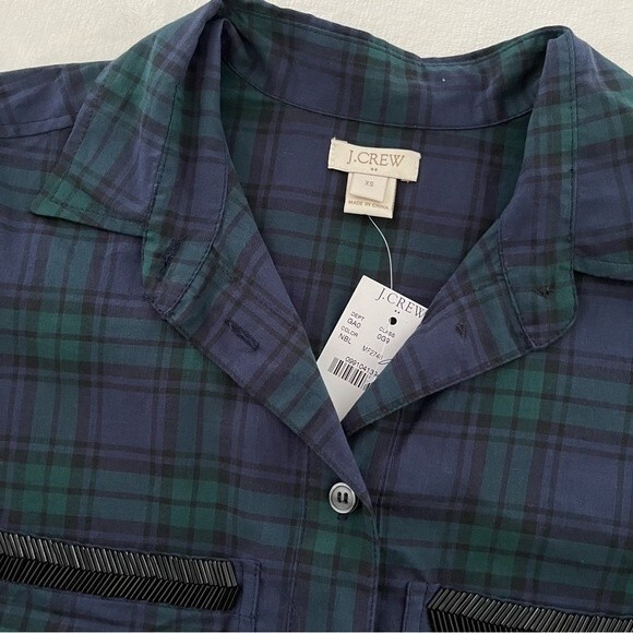 NWT J. Crew Plaid Popover Blouse with Beaded Pockets, Green/Blue/Black, Size XS - Picture 3 of 9